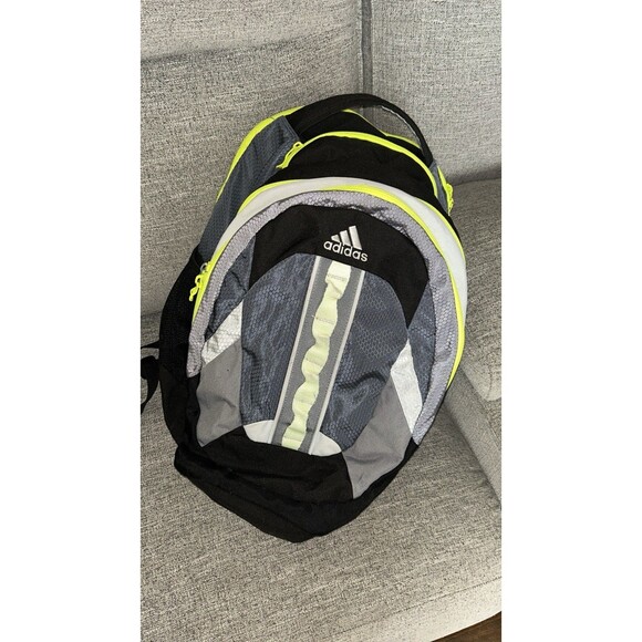 Adidas Unisex Backpack Black w Neon Green Accents Dual Zipper Sections - Picture 1 of 6